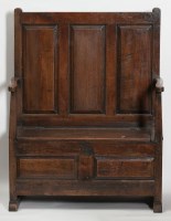 Lot 803 - VICTORIAN PANELLED OAK HALL BENCH with three...