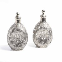 Lot 384 - PAIR OF CHINESE WHITE METAL OVERLAID GLASS...