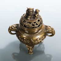 Lot 417 - CHINESE BRASS CENSER with pierced lid, foe dog...