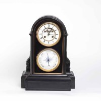 Lot 529 - FRENCH VICTORIAN SLATE COMBINED MANTEL CLOCK...