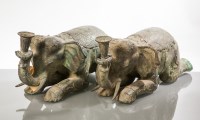 Lot 313 - PAIR OF BRONZE THAI ELEPHANTS in recumbent...