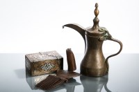 Lot 501 - ISLAMIC COPPER LIDDED JUG, CAIRO WARE CASKET...