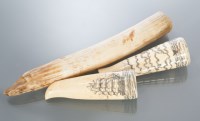 Lot 760 - TWO BONE SCRIMSHAW ITEMS formed of two sides...