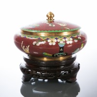 Lot 334 - CHINESE CLOISONNE LIDDED BOWL with red ground...