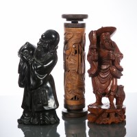 Lot 356 - CHINESE CARVED WOOD FIGURE, ANOTHER AND A...