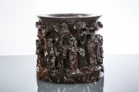 Lot 375 - CHINESE HARDWOOD BRUSH POT with Immortals in...