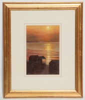 Lot 1992 - * TERENCE MACKLIN, SUNSET OVER BEACH HUTS oil...