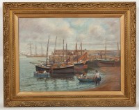 Lot 1751 - HUGH PEEBLES, FISHING BOATS IN THE HARBOUR oil...