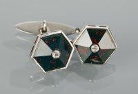 Lot 1112 - PAIR OF BLOODSTONE AND DIAMOND SET CUFFLINKS...