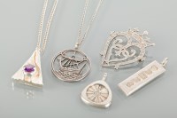 Lot 1274 - HEAVY SILVER AMETHYST PENDANT of triangular...