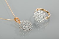 Lot 1300 - AQUAMARINE CLUSTER PENDANT AND MATCHING RING...