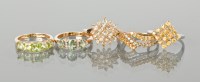 Lot 1312 - GROUP OF FIVE YELLOW AND GREEN GEM SET RINGS...