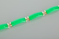 Lot 1358 - CHINESE JADE AND GOLD SET BRACELET set with...