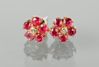 Lot 1359 - PAIR OF RUBY AND DIAMOND CLUSTER EARRINGS each...