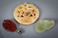 Lot 174 - CHINESE JADE CIRCULAR PLAQUE, JADE AMULET AND...