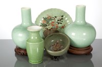 Lot 183 - THREE CHINESE CELADON VASES, CELADON BOWL AND...