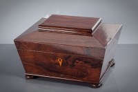 Lot 282 - REGENCY ROSEWOOD SARCOPHAGUS SEWING BOX with...