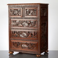 Lot 333 - CHINESE CARVED WOOD CHEST of two short over...