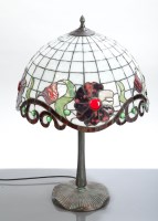 Lot 387 - TIFFANY STYLE BRONZE AND COLOURED GLASS TABLE...