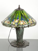 Lot 408 - TIFFANY STYLE BRONZE AND COLOURED GLASS TABLE...