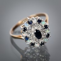 Lot 1184 - SAPPHIRE, DIAMOND AND OPAL CLUSTER RING set...