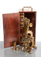 Lot 276 - VICTORIAN LACQUERED BRASS BINOCULAR MICROSCOPE...