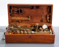 Lot 368 - VICTORIAN LAQUERED BRASS BINOCULAR MICROSCOPE...