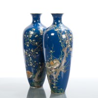 Lot 81 - PAIR OF JAPANESE ENAMEL VASES with bird and...