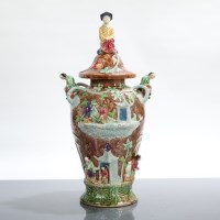 Lot 130A - MAJOLICA STYLE LIDDED VASE with figural finial...