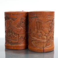 Lot 215 - PAIR OF CHINESE BAMBOO BRUSH POTS with figures...