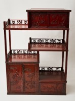 Lot 1 - CHINESE HARDWOOD DISPLAY CABINET of multi...