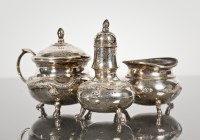 Lot 16 - CHINESE WHITE METAL THREE PIECE CONDIMENT SET...