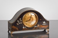 Lot 76 - JAPANNED MANTEL CLOCK decorated with figures...