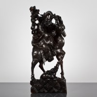 Lot 111 - CHINESE CARVED WOOD AND WIRE INLAID FIGURE OF...