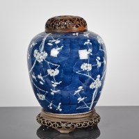 Lot 165 - CHINESE BLUE AND WHITE GINGER JAR with prunus...