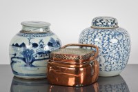 Lot 166 - TWO CHINESE BLUE AND WHITE GINGER JARS AND A...