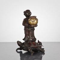 Lot 168 - CHINESE BRONZE FIGURE the standing male atop a...