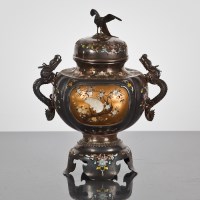 Lot 175 - CHINESE CLOISONNE CENSER with phoenix finial...