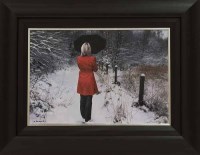 Lot 2324 - GERARD BURNS, RED COAT IN WINTER oil on canvas,...