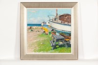 Lot 1707 - DOUGLAS LENNOX, PICNIC TABLE WITH BOATS oil on...