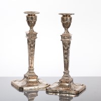 Lot 34 - PAIR OF ADAM DESIGN SILVER TABLE CANDLESTICKS...