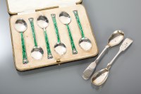 Lot 66A - SET OF SIX SILVER AND ENAMEL TEA SPOONS maker...