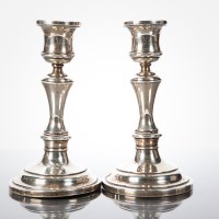 Lot 91 - PAIR OF SILVER CANDLESTICKS with waisted stems...