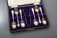 Lot 98 - SET OF SIX SILVER TEASPOONS AND TONGS maker CW,...