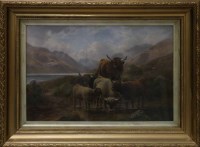 Lot 107 - C MCCULLOCH, HIGHLAND COWS AT LOCH LONG oil on...