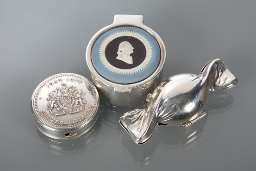 Lot 110 - THREE SILVER PILL BOXES one with a Wedgwood...