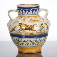 Lot 160 - ITALIAN MAJOLICA TWO HANDLED VASE of bulbous...