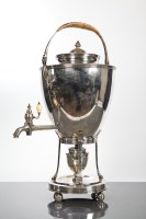 Lot 192 - GEORGE III SILVER TEA URN ON STAND the domed...