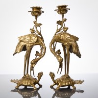 Lot 287A - PAIR OF CHINESE BRASS STORK CANDLESTICKS...