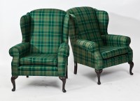 Lot 343 - PAIR OF MAHOGANY WINGBACK ARMCHAIRS with green...